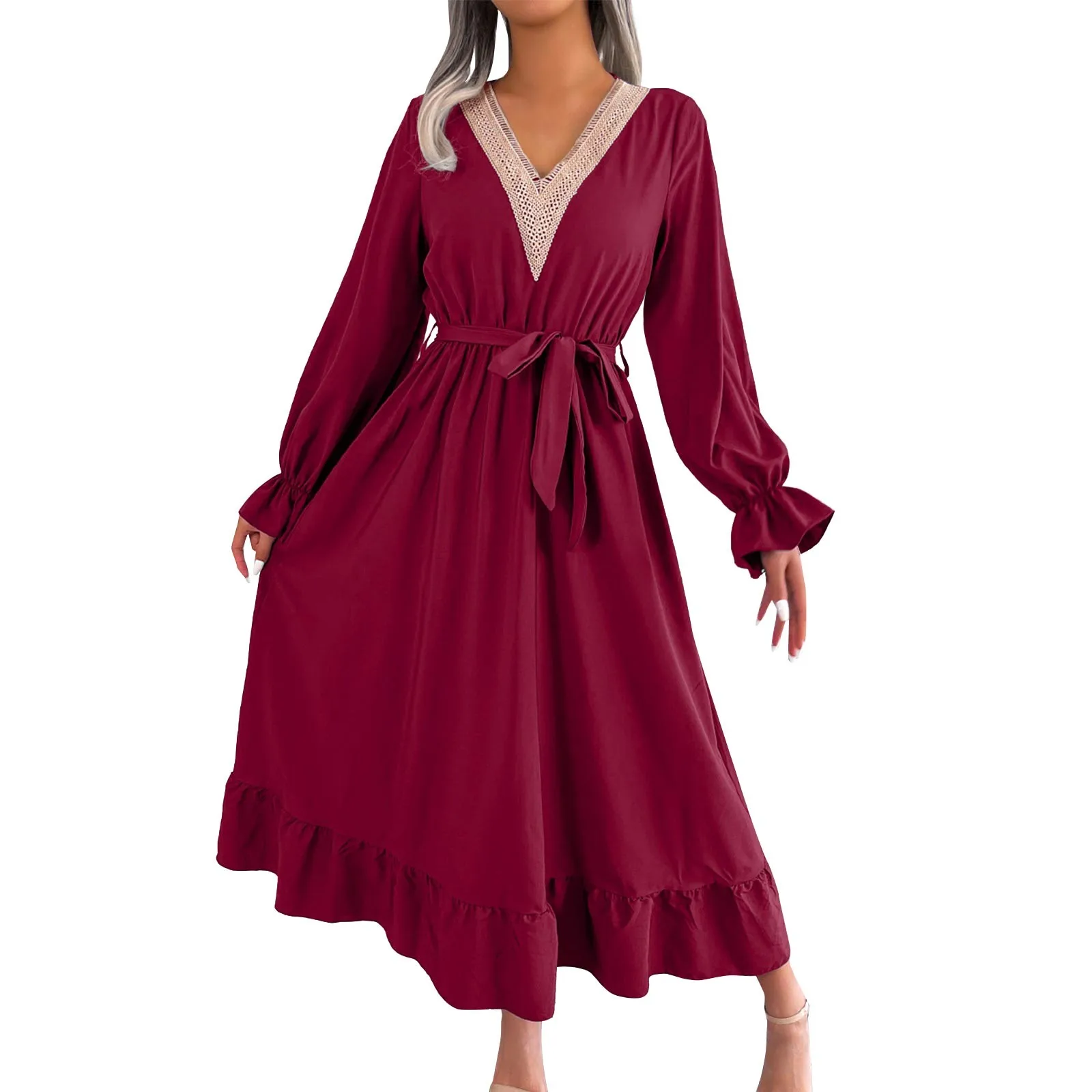 

Кожаные платья для женщин 2023 Повседневное платье с длинным рукавом с V-образным вырезом с высокой талией повседневные макси платья для женщ...