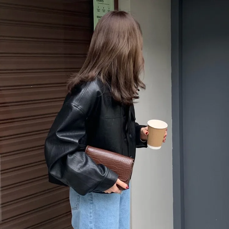 Autumn Short Fashion 2023 Brown Black Thick Oversized Faux Leather Jackets for Women Long Sleeve Buttons Runway Loose Korean