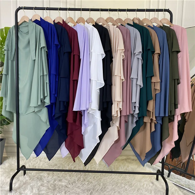Islamic Headdress Scrafs Prayer Garment Lady Fashion Muslim Khimar Three Layer Ruffles Hijabs Dubai Turkey Arabic Women Turban