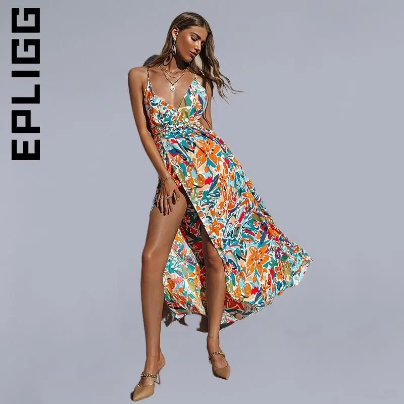 

Epligg Dress New Women Chic Dresses Sexy holiday print straps backless summer party dress Vintage Temperament Vestidos Dress