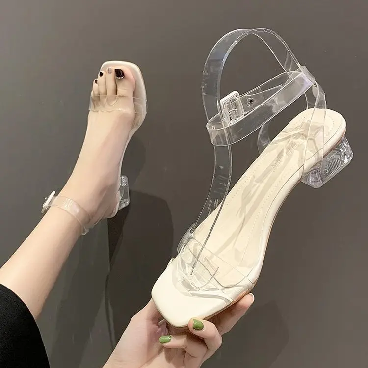 

Новинка лета 2022, босоножки на толстом каблуке, прозрачные женские туфли на квадратном каблуке среднего размера 42