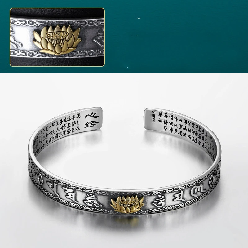 

Buddhism Lotus Bangle Talisman Pixiu Health Cuff Bracelet Women Men Adjustable Open Silver Plated Tibetan Bracelet Jewelry Gifts