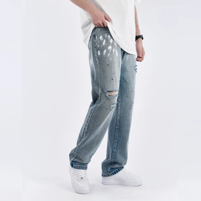 Four Seasons Men's Trousers American Trend Ripped Hole Splash Ink Loose Straight Casual Jeans Men and Women with The Same Style