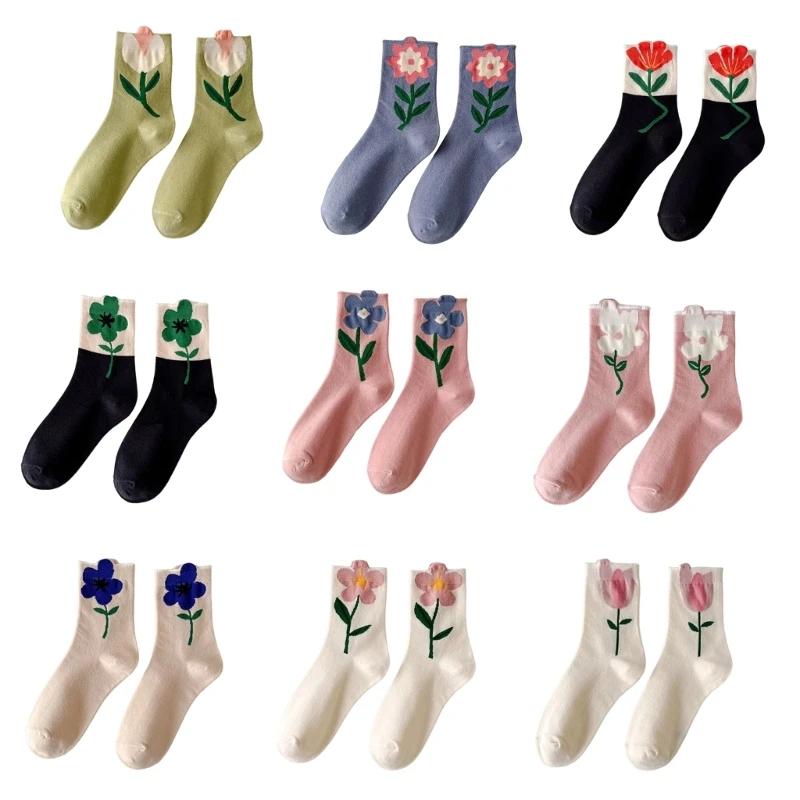 

Harajuku Colorful Flower Cotton Crew Socks Women Girls Breathable Casual Hosiery