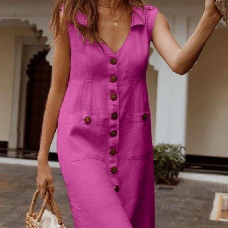 

European and American V-Neck Single-Breasted Buckle Dress Pocket Design Large Size Multicolor