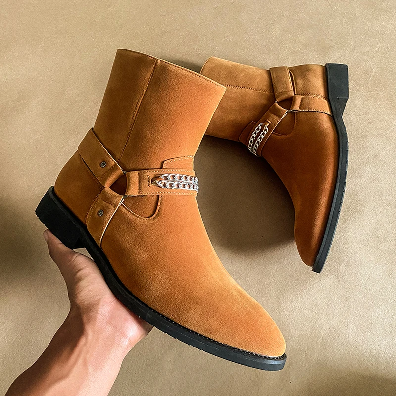 

Мужские Ботильоны из флока, коричневые ковбойские ботинки на молнии с круглым носком, короткие деловые ботинки, размер 38-46, бесплатная доставка