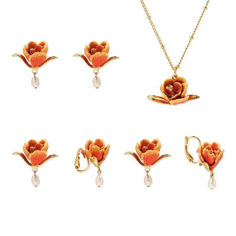

Эмалированные серьги-гвоздики в виде тюльпана, ожерелье, ювелирные изделия для женщин, тренд 2022 года