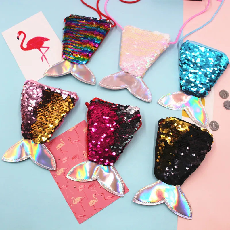 

Sequin Mermaid Coin Purse Small Wallet With Lanyard Women Girl's Crossbody Bag Two-color Fish Tail Sequin Shoulder Bag