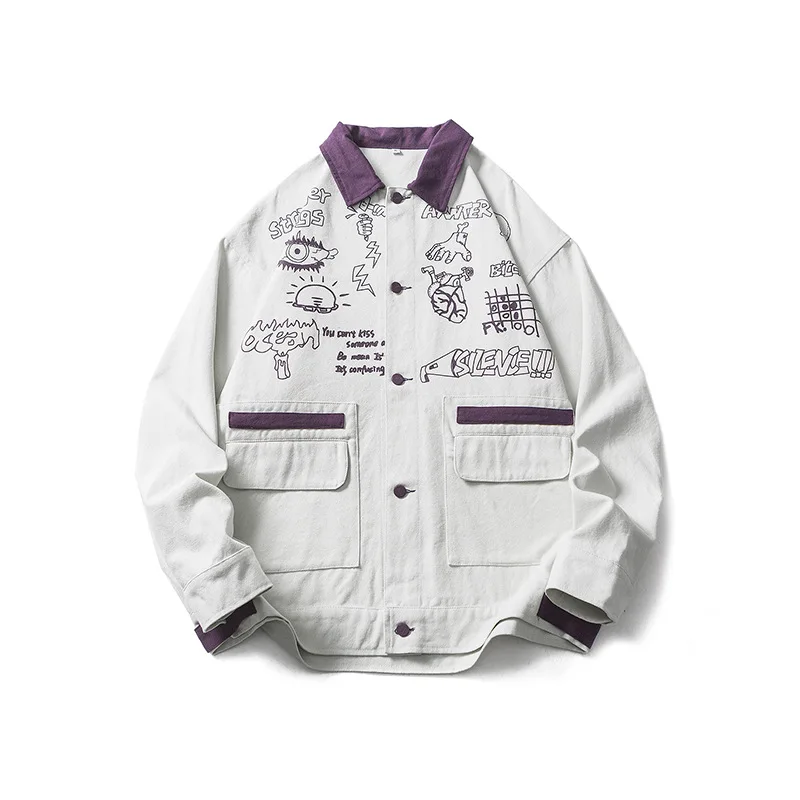 

Spring New Graffiti Cargo Jacket Men's Vintage Personalized Purple Lapel Jackets High-quality Cotton Coat StreetScooter Outwear