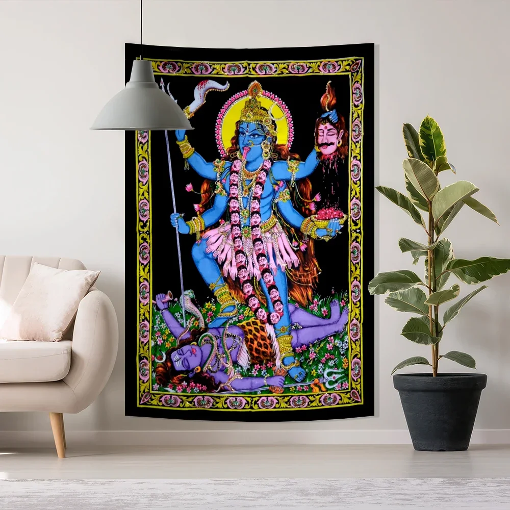 3x5ft Smiler Maa Kali Плакат Goddess Killing Lord Shiva Фон Гобелен-Настенный Декор Комнаты Домашний