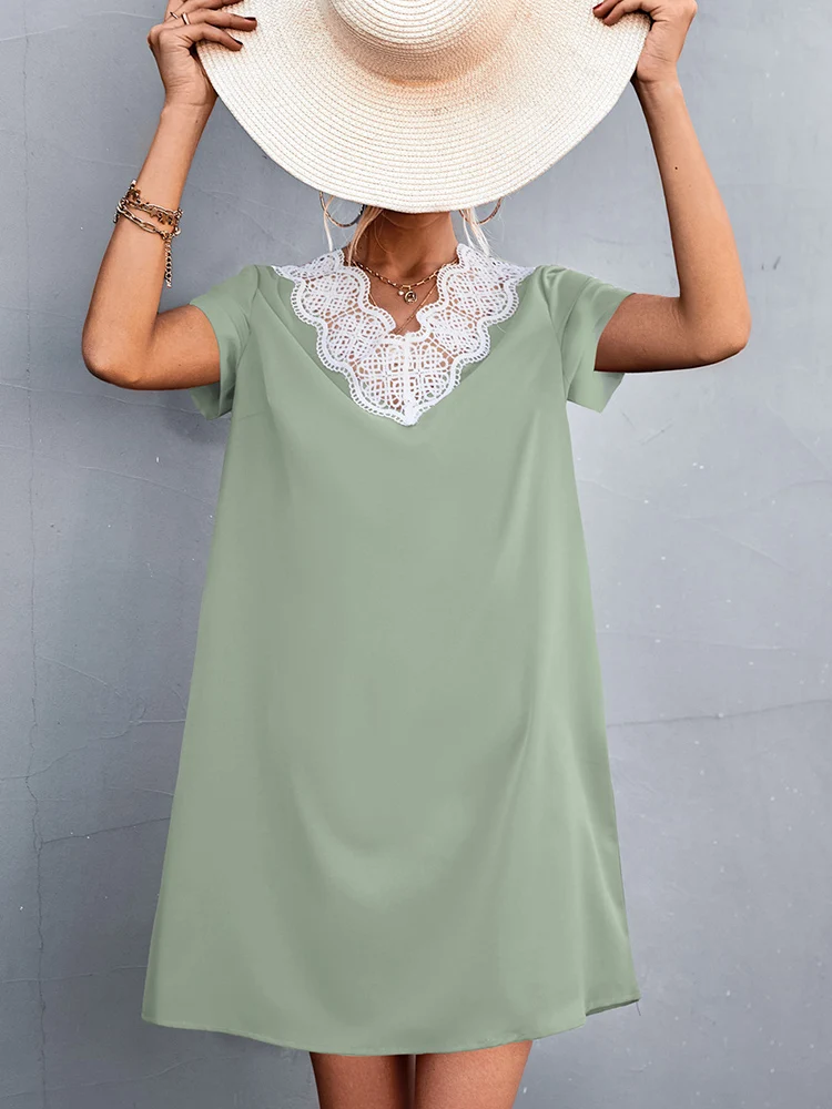 

Элегантное женское кружевное однотонное мини-платье с V-образным вырезом, новинка весны 2022, повседневное женское уличное праздничное плать...