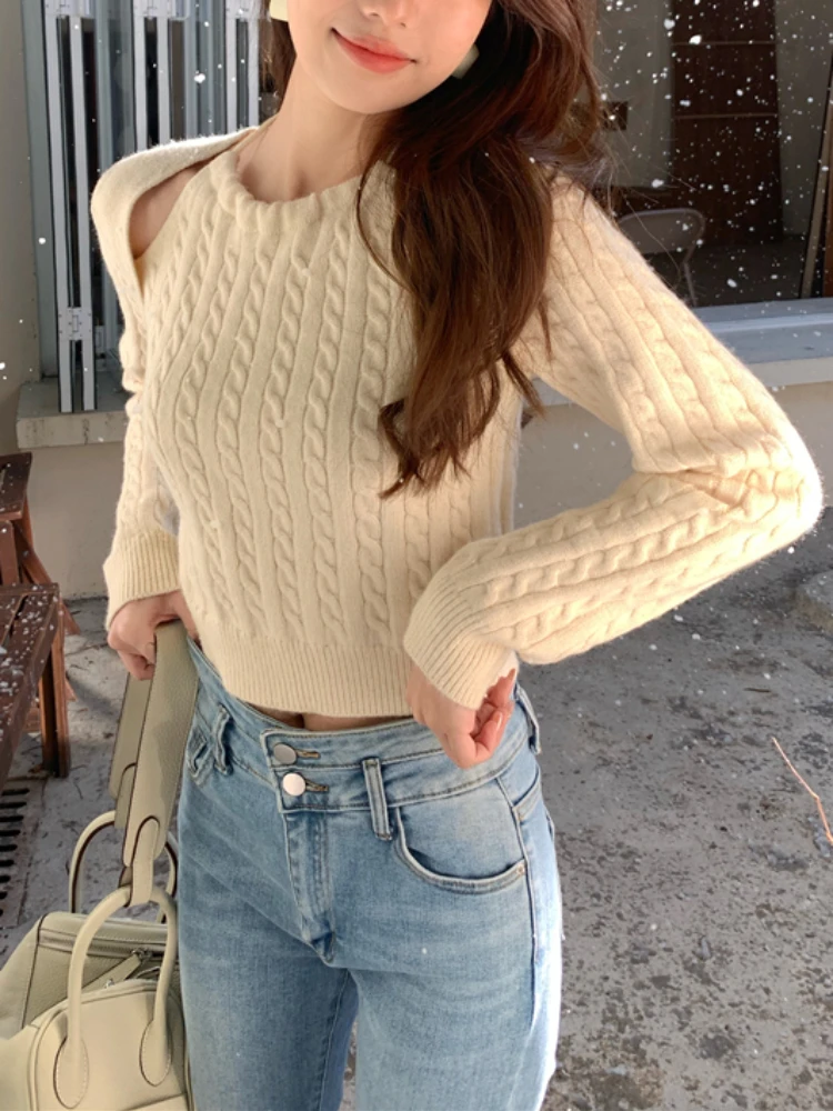 

Повседневный вязаный свитер, женский модный корейский пуловер с имитацией двух частей, Женский офисный элегантный укороченный топ с длинны...