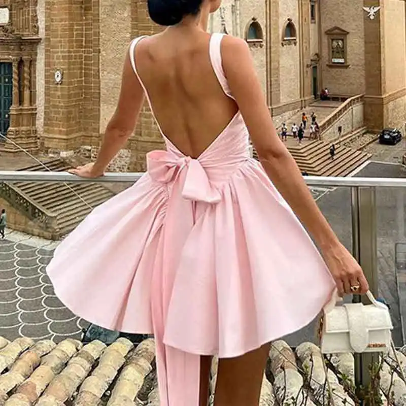 

Women's One Line Collar Spring/Summer 2023 Solid Color Sleeveless Fashion Pullover Short Sexy Open Back Strap Elegant Dresses