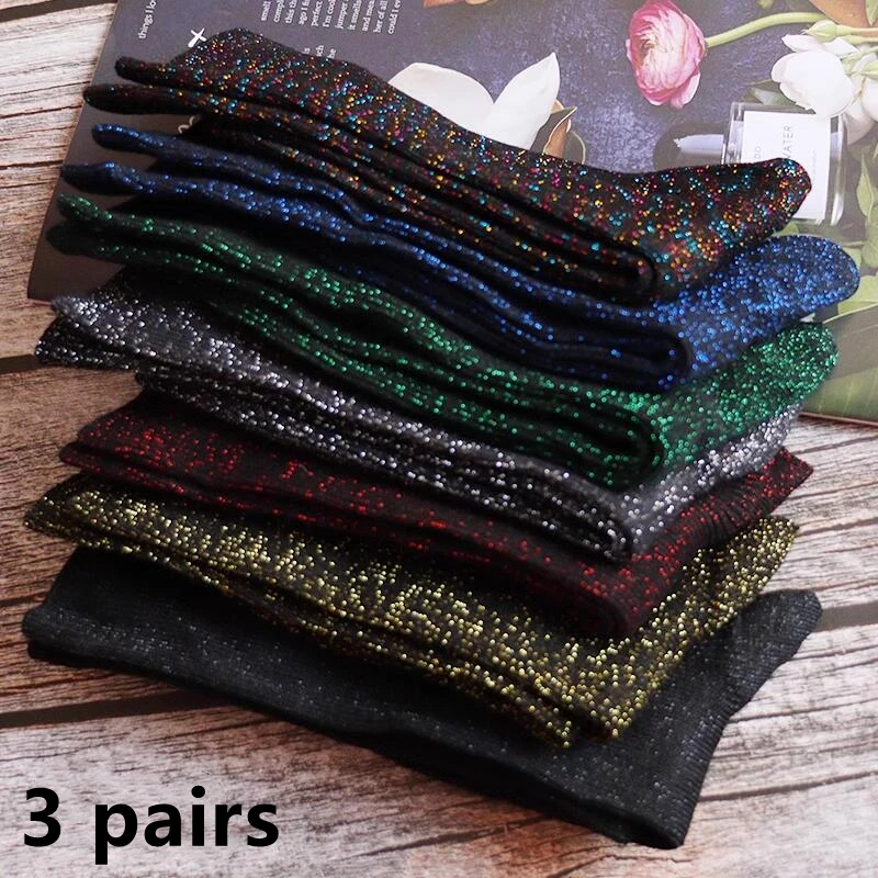 3 pairs luxurious sexy flash socks Korean fashion filigree socks solid color thick women's long socks