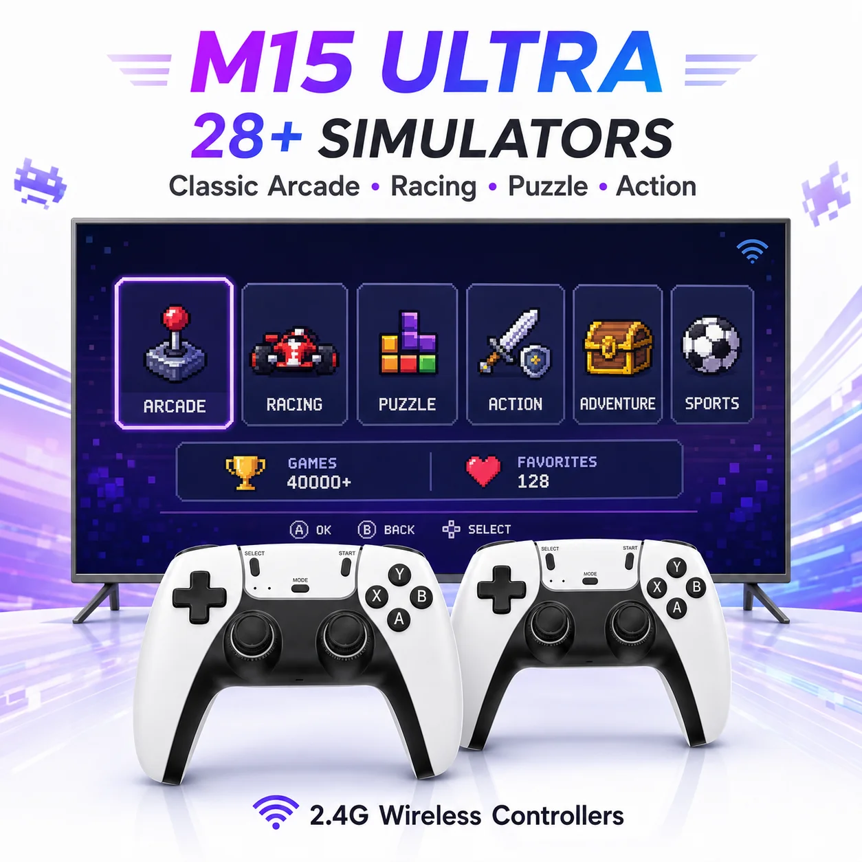 Фото 23 игровых симулятора M15 ULTRA, игровая консоль для ТВ с функцией Plug and Play, более 50000 предустановленных 2D и 3D классических игр, беспроводные двойные геймпады. №1