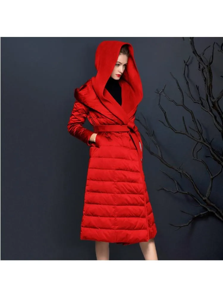 Thicked Long Cashmere Stitching Black Hooded 90 White Duck Down Coats Women 2022 Winter Loose Lace Up Warmer Jackets