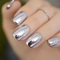 24pcs shiny punk metallic light purple false fake nails metal plating acrylic short reflective mirror press on nail art tips