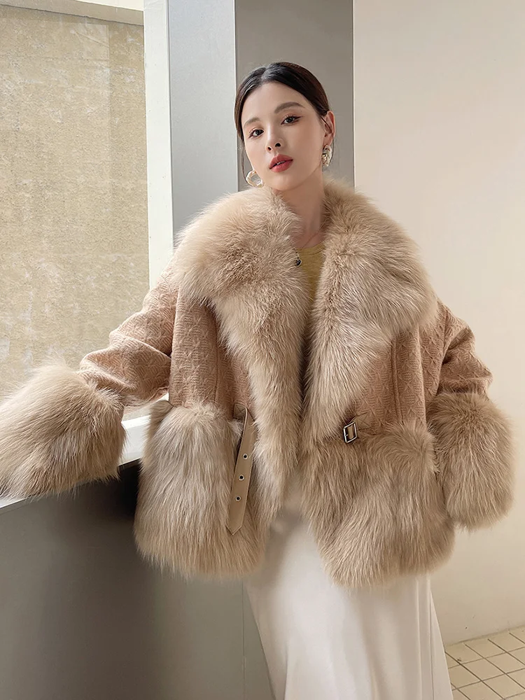 New Women Real Fur Coat Autumn Winter Thick Warm Big Fox Fur Collar Patchwork Wool Knitting Fur Jacket Loose Outerwear Female