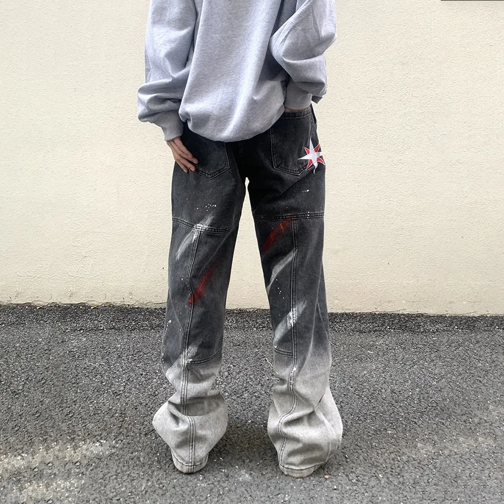 New American High Street Graffiti Embroidery Gradient Jeans Men's Loose Wild Straight-leg Pants Fashion Men's Hip-hop Streetwear