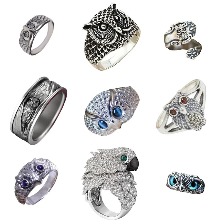 

Creative Owl Ring 1pcs Vintage Rings for Men and Women Adjustable Owl Blue Eyes Hip Hop Jewelry