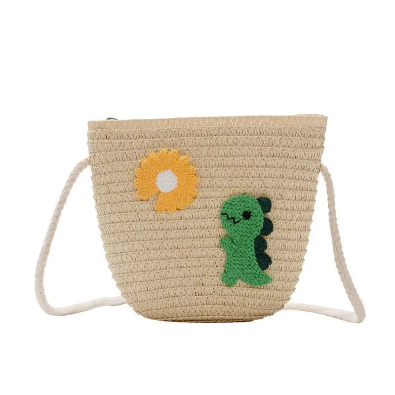 Straw Woven Children Beach Shoulder Bag Cute Girls Princess Animal Crossbody Bags Baby Kids Floral Coin Purse Handbags Wallet