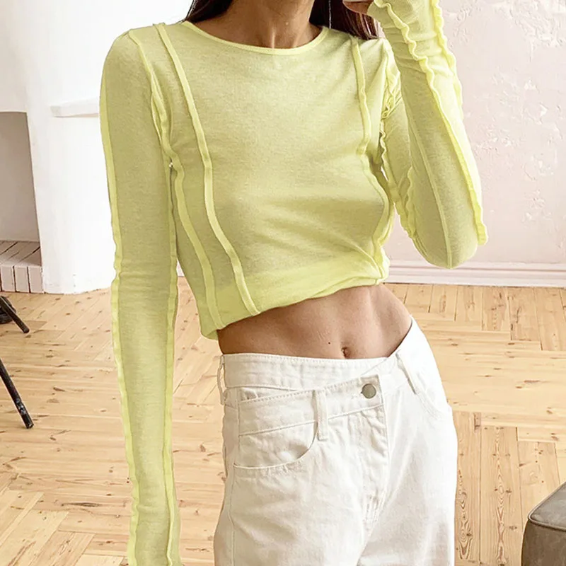 

White O-Neck Women'S T-Shirt 2023 Elegant Yellow Long Sleeve Fall Tee Shirt Casual Slim Elastic Solid Top Female