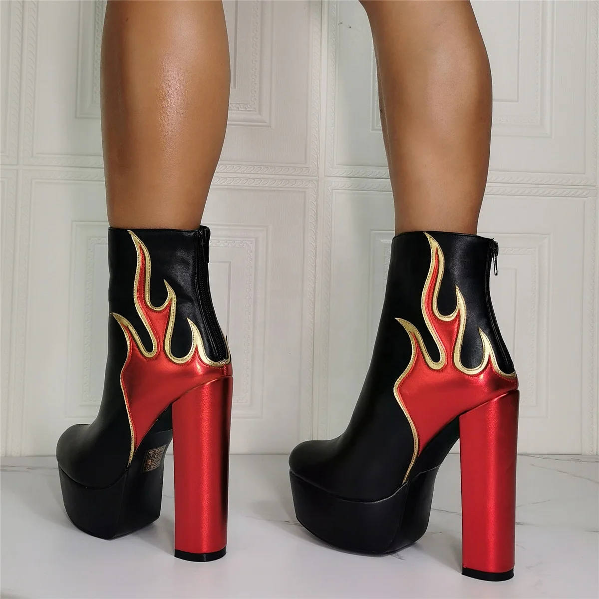 High Chunky Heel Platform Contrast Color Fire Print Women Winter Ankle Boots Customized Big Size 47