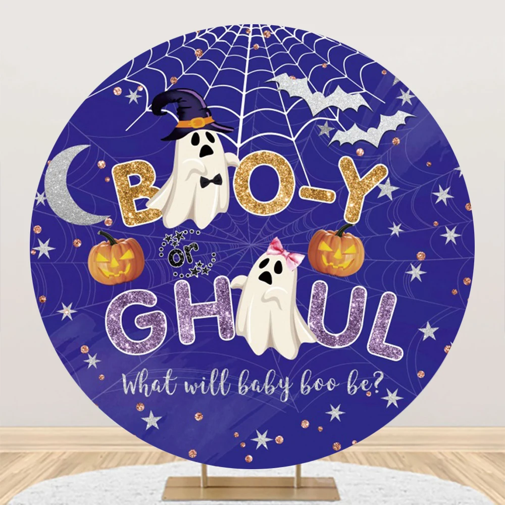 

Laeacco Halloween Gender Reveal Round Photo Backdrop Ghoul or Booy Pumpkin Ghost Bat Baby Shower Portrait Photography Background