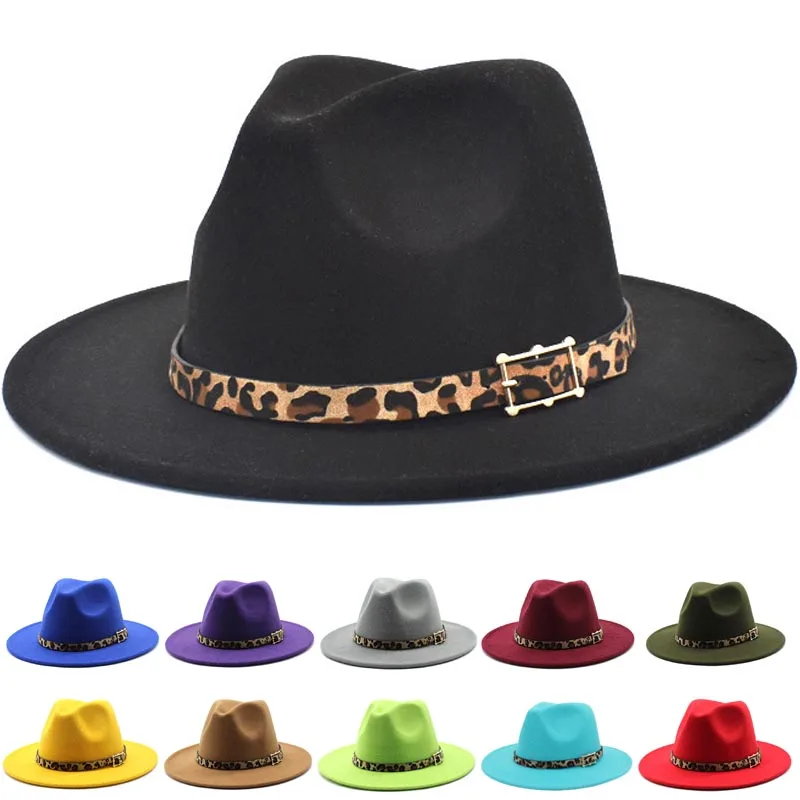 

Fedora Hat Wool Caps Leopard Belt Hats Trilby Hat Derby Cap Jazz Women Fedoras Hat Wedding Church Bowler Men Felt Panama Cap