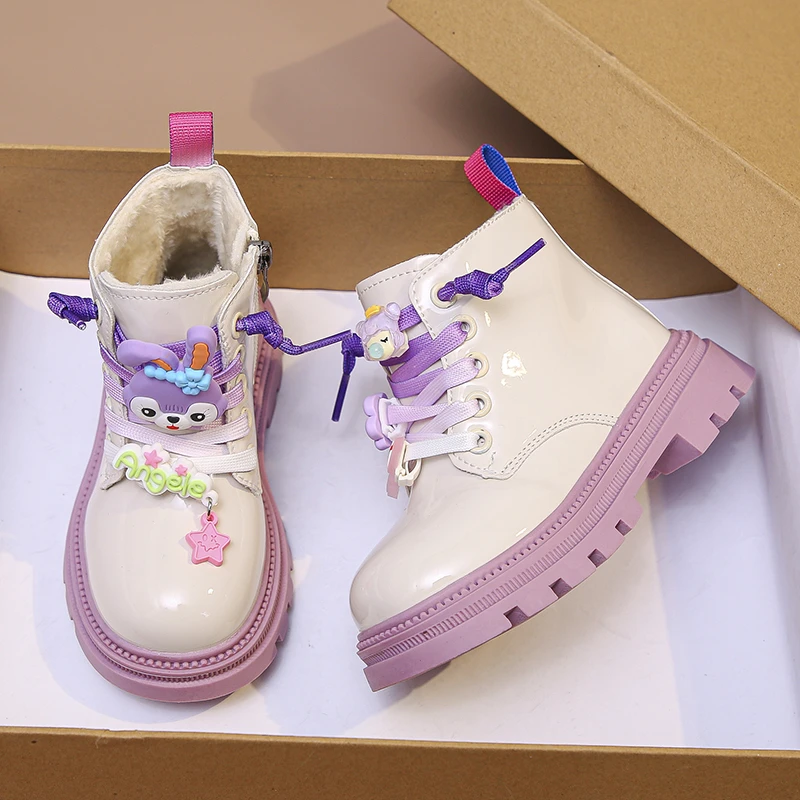 Short Fur Ankle Winter Children Fashion Boots for Girls Toddlers Warm Plush Shoes Platform Kids Black/Pink Free Shipping 4-10Y