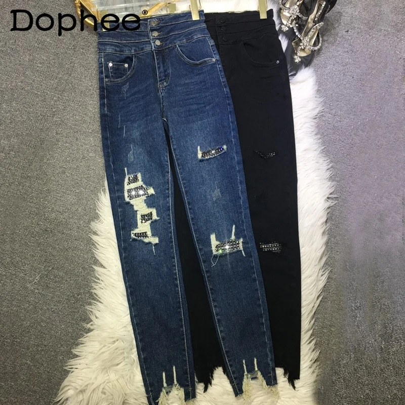 

Популярные рваные джинсы стразы, женские эластичные обтягивающие узкие джинсовые брюки с высокой талией, женские длинные брюки на осень и з...