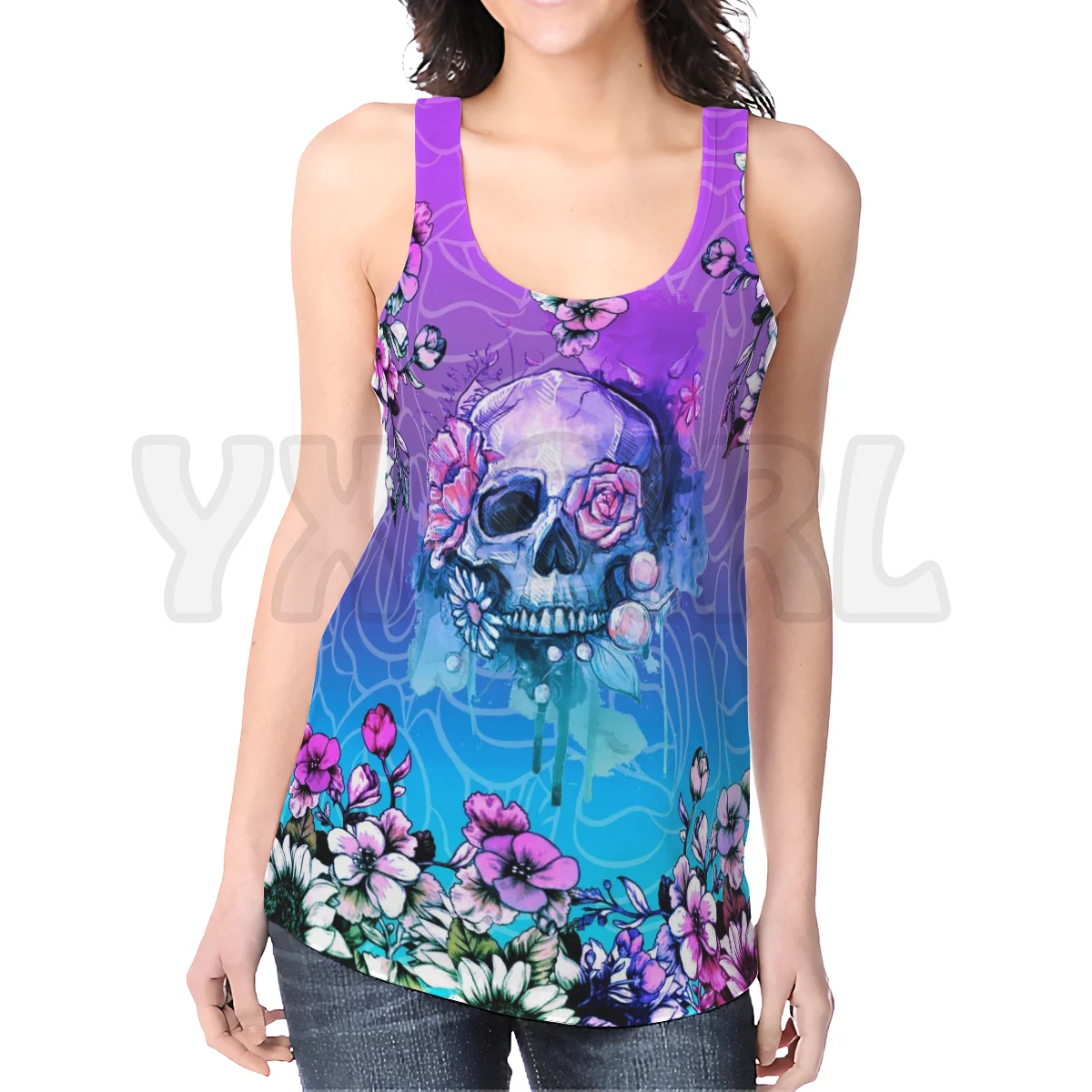 YX GIRL Flower Skull   3D Printed Sexy Backless Tops Summer Women Casual Tees Cosplay Clothes