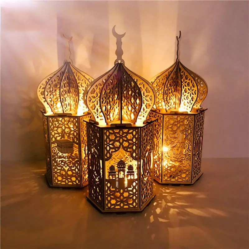 DIY Muslim Palace Light Night Wooden Eid Mubarak Decoration Light Eid Mubarak Pattern Wood Crafts Warm Lights Ornaments