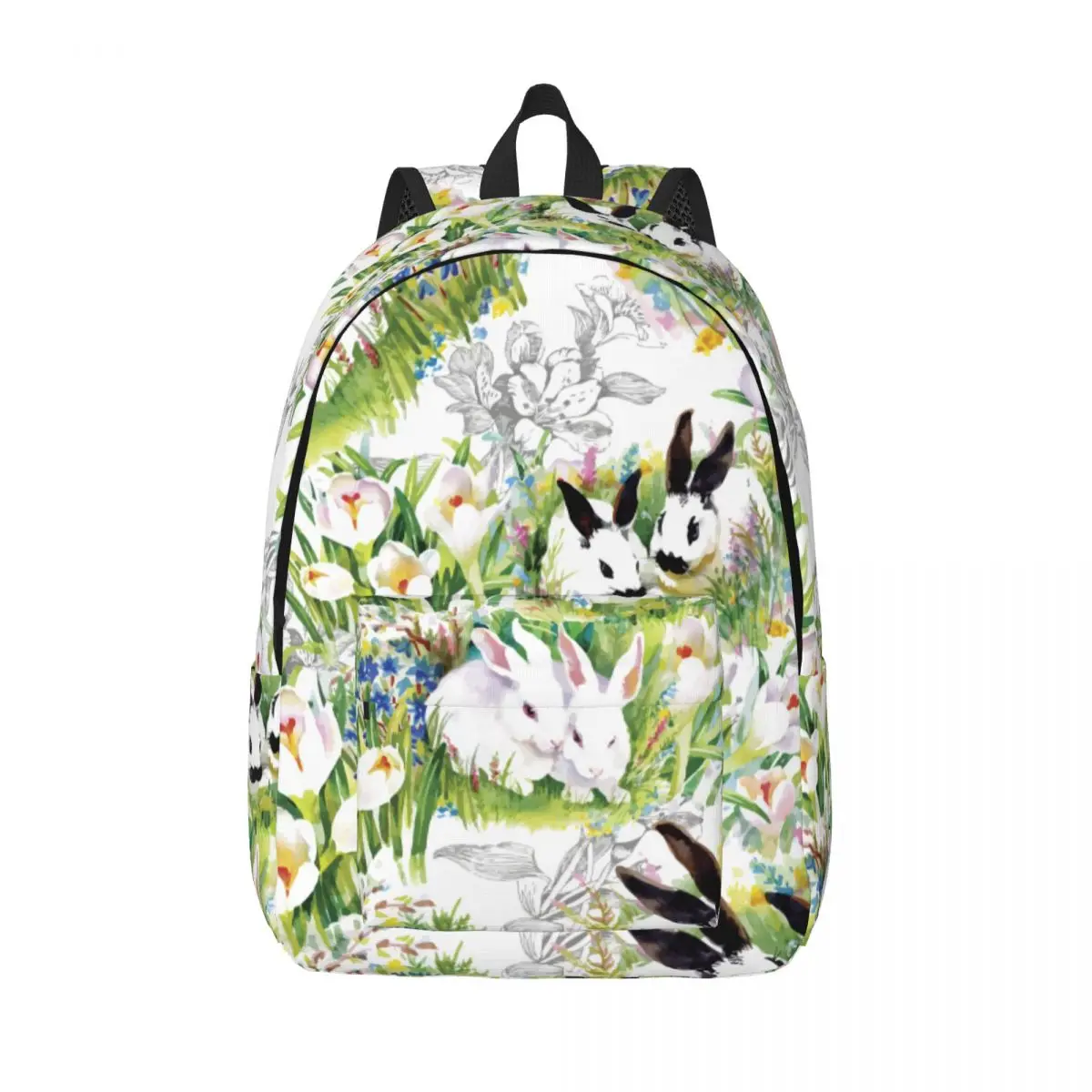 

Watercolor Rabbits With Flowers Pattern Backpack Male School Student Backpack Female Large Capacity Laptop Backpack