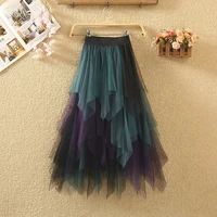 2022 womens tulle midi skirt korean fashion cute mesh gradient color a line high waist pleated skirt aesthetic skirts for girls