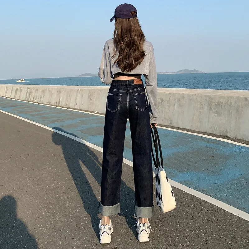 

Jeans Women's New High Waist Loose and Thin 2022 Spring Straight Pants Dark Blue Ladies Trousers Jeans Woman