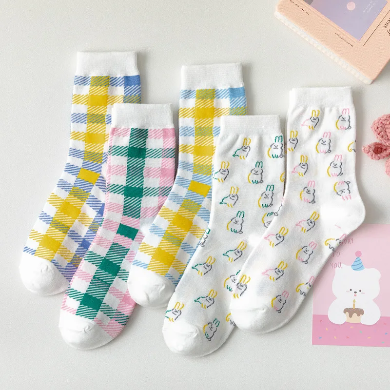 

Женские носки в клетку с мультяшным Кроликом, женские хлопковые носки, Повседневные Удобные мягкие милые модные носки для девочек на весну ...