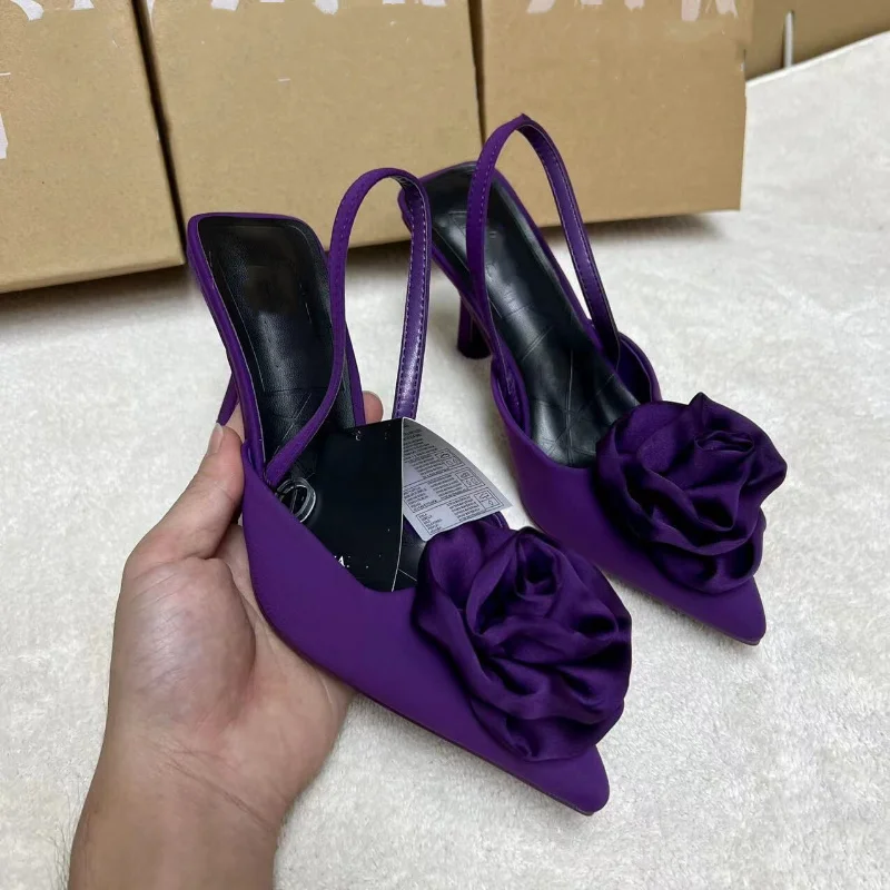 

Elegant Woman High Heeled Shoes Sweet Rose Closed Toe Footwear 2023 Summer Slingback Pointed Fashion Dress Ladies Sandals