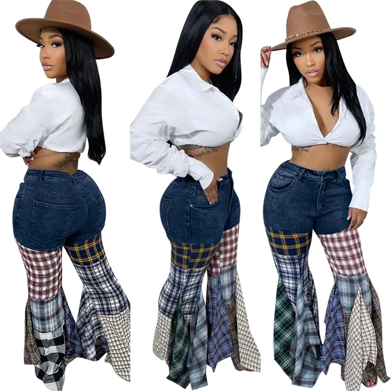 

Patchwork Ruffle Jeans Flare Pants Plaid Women Fly Slim Boot Cut Denim Trousers Fashion Streetwear Ripper High Waist Button