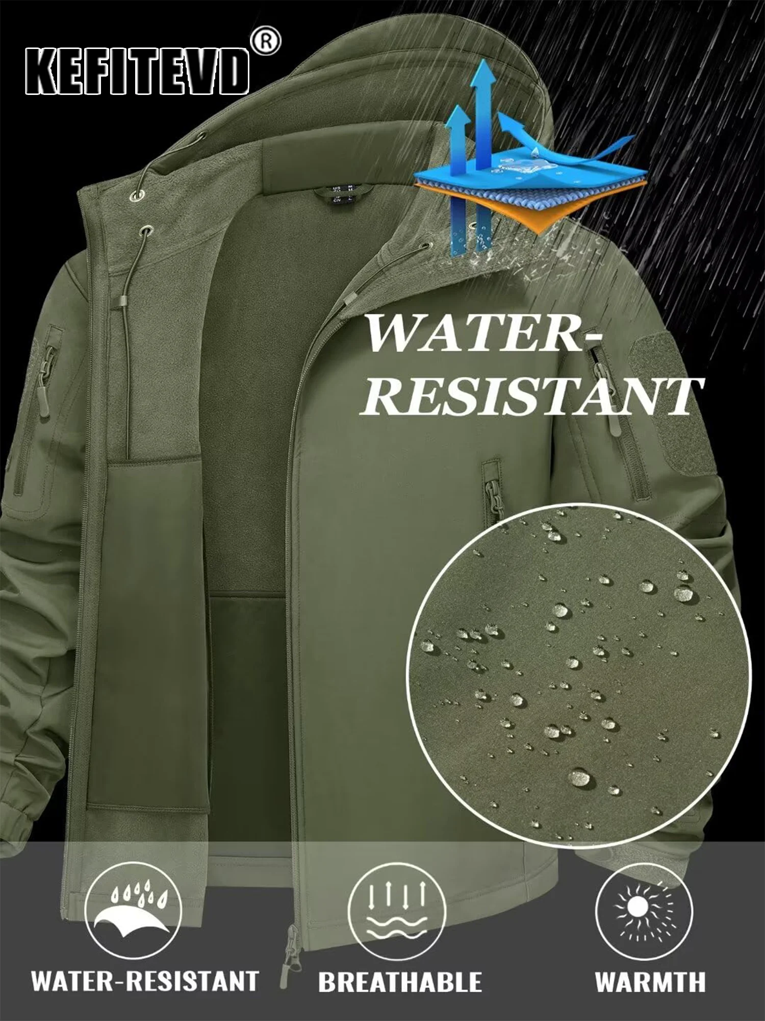 KEFITEVD Зимняя куртка Soft Shell для мужчин с флисовой подкладкой водонепроницаемая