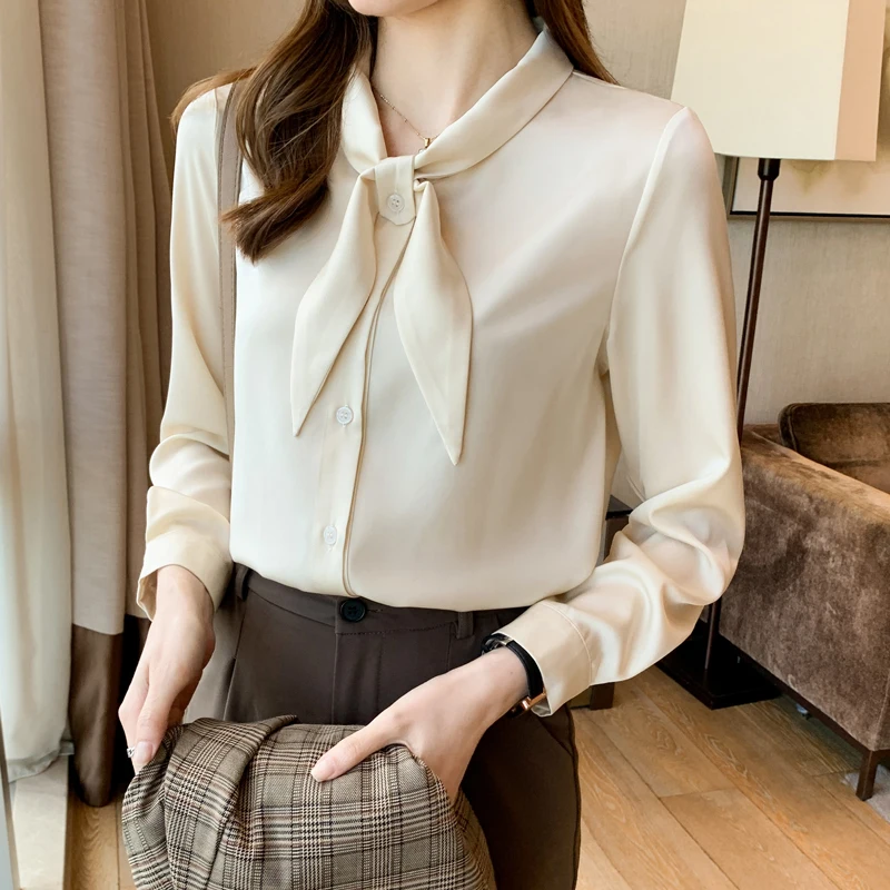 

Design jacket niche 2022 spring new temperament versatile acetate satin long sleeve ribbon shirt 8088d,419-12