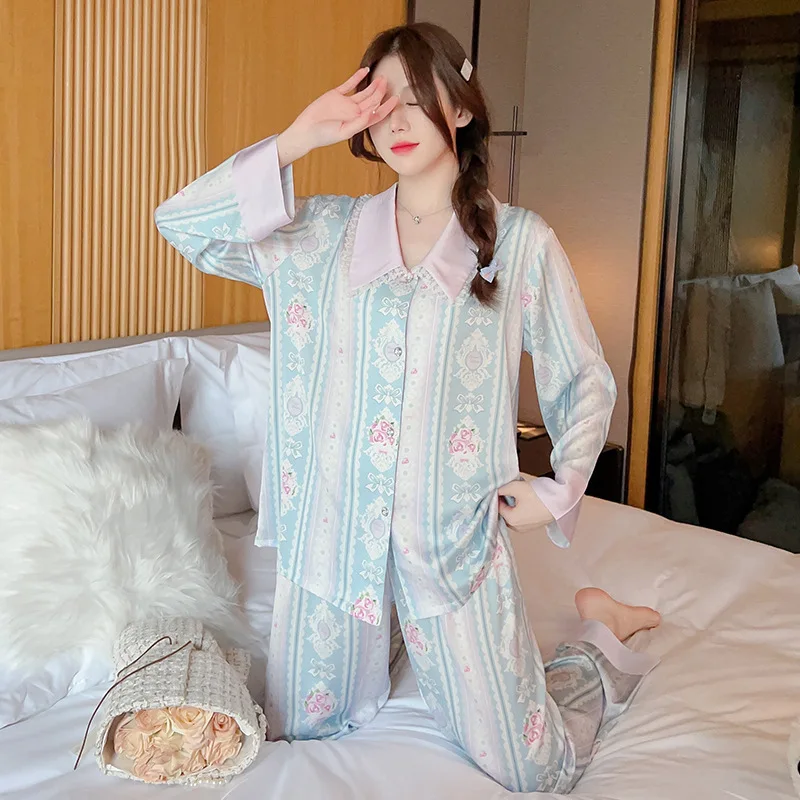 New Pajamas Women's Spring Thin Cardigan Set Ice and Snow Silk Vertical Stripe Printed Home Furnishing