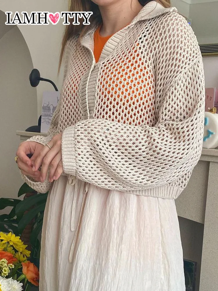 

Женский вязаный кардиган с отложным воротником IAMHOTTY Hole