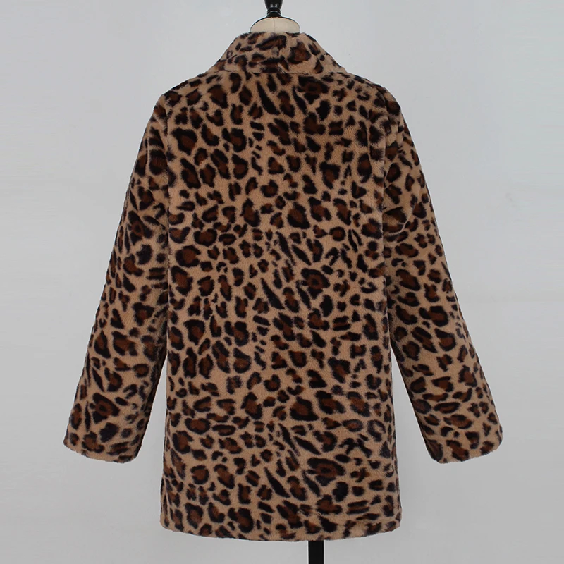 Women Winter Luxury Leopard Coat Thick Warm Fashion Long Sleeve Print Faux Fur Outerwear Artificial Fur Jacket Plush Clothing