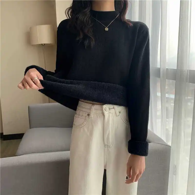 Knitwear Women's Fleece Half Turtleneck Long Sleeve Bottoming Shirt Autumn Winter Thicken Solid Tight Sweater Y2k Drop Shipping images - 6