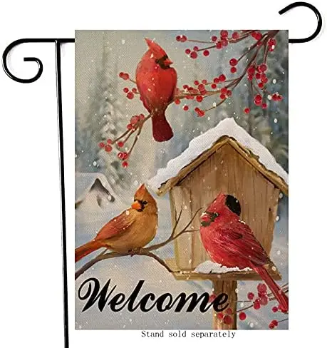 

Welcome Winter Cardinals Red Birds Home Decorative Garden Yard Flag Birdhouse Berries Tree Branches Outside Decor Christmas Snow