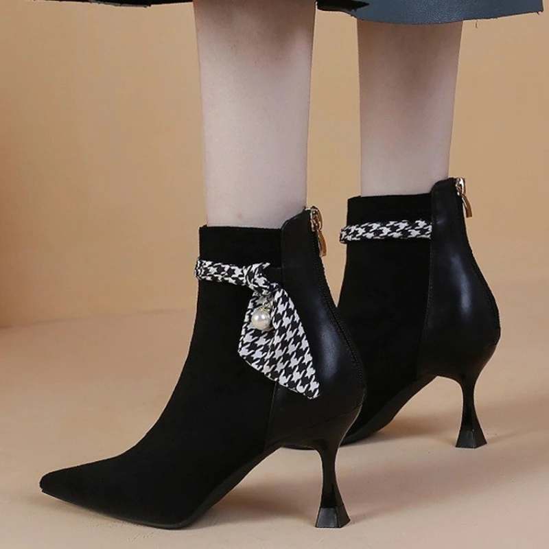 

New Elastic Women's Boots Versatile Pointed High Heels Shoes Women's Shoes Short Boots Stretch Fabric Thin Heels Botas Mujer