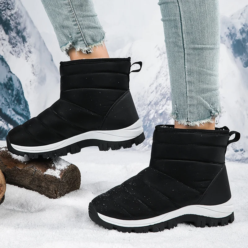 

2023 Winter Velvet Warm Women's Black Boots Fashion Outdoor Anti-slip Woman Snow Boots Leather Waterproof Ankle Boots For Women