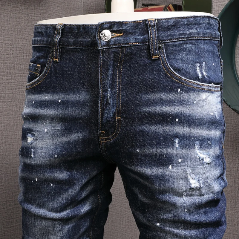 Street Fashion Men Jeans High Quality Retro Blue Elastic Slim Fit Painted Ripped Jeans Men Printed Designer Hip Hop Brand Pants