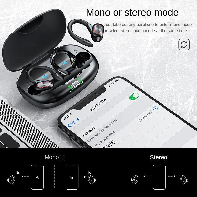 

TWS спортивные беспроводные Bluetooth-наушники, ультрадлинные непрерывные наушники с креплением на ухо, Bluetooth-наушники с цифровым дисплеем 5,0